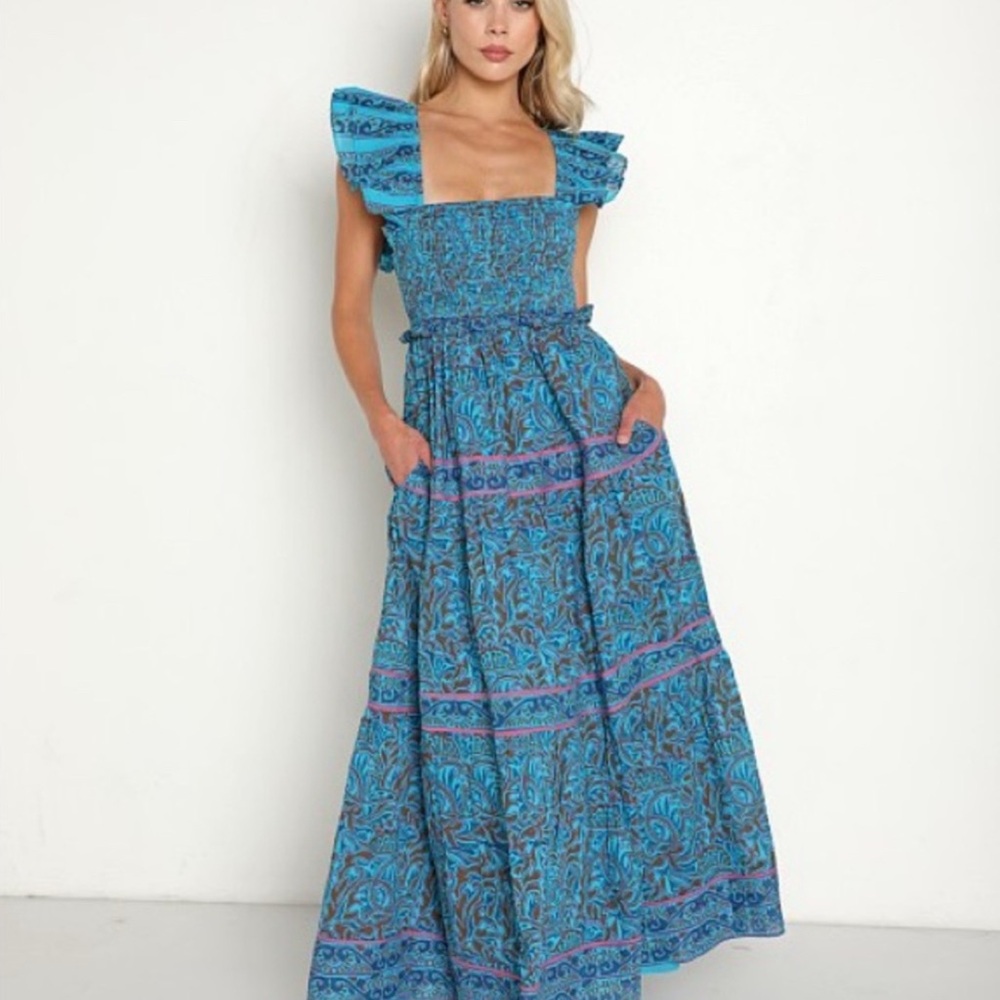 Cleobella Blue Floral Smocked Midi Dress with Puff Shoulders